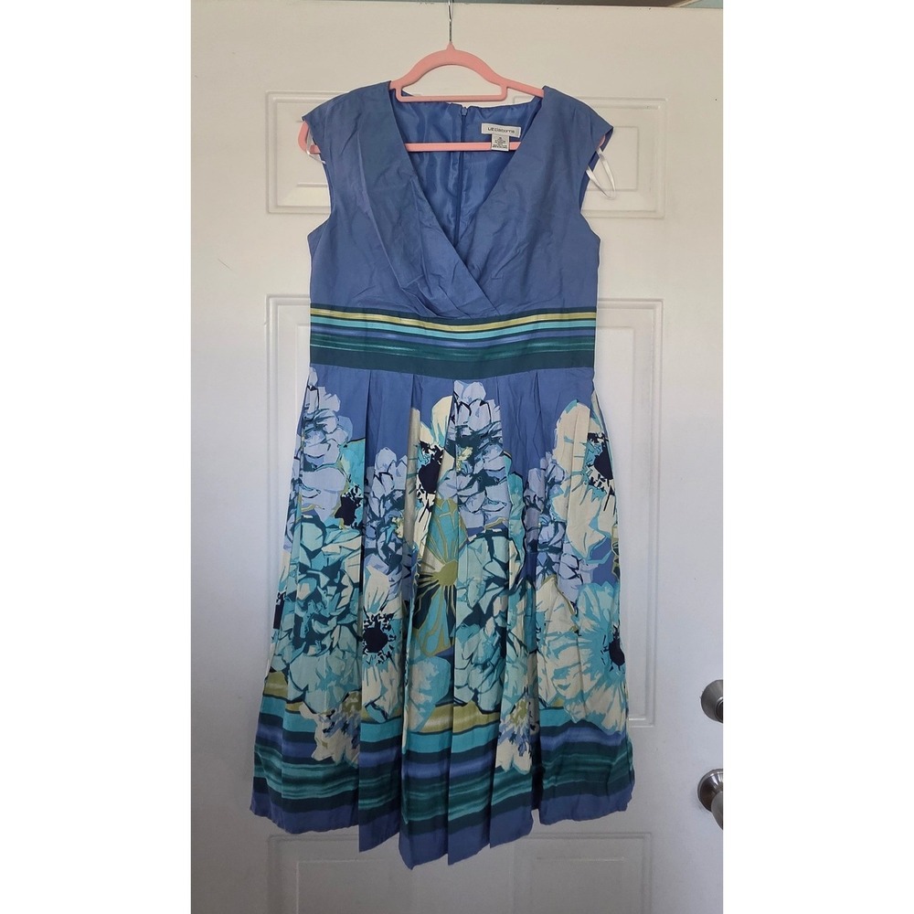 Liz Claiborne Womens Blue Floral Sleeveless Fit Flare Dress Size 12 Church Date
